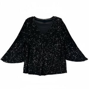 Cable & Gauge black sequin party top XL V-Neck Romantic Evening Event NYE Blouse